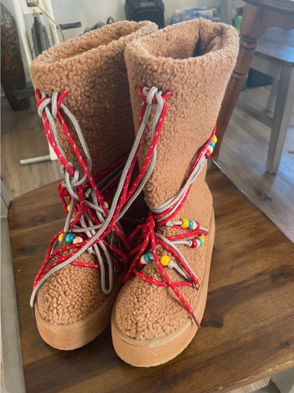 EGO Tan Sherpa Lace-Up Beaded Platform Boots